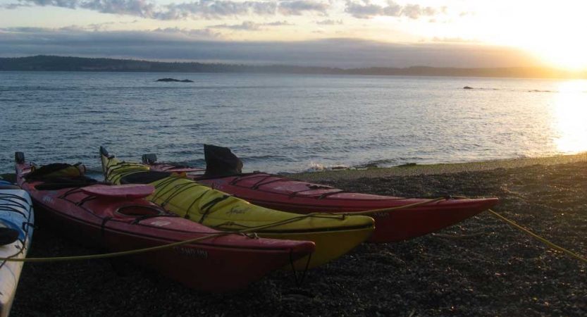 a group of kayaks rest on the shore of a vast body of water in the pacific northwest